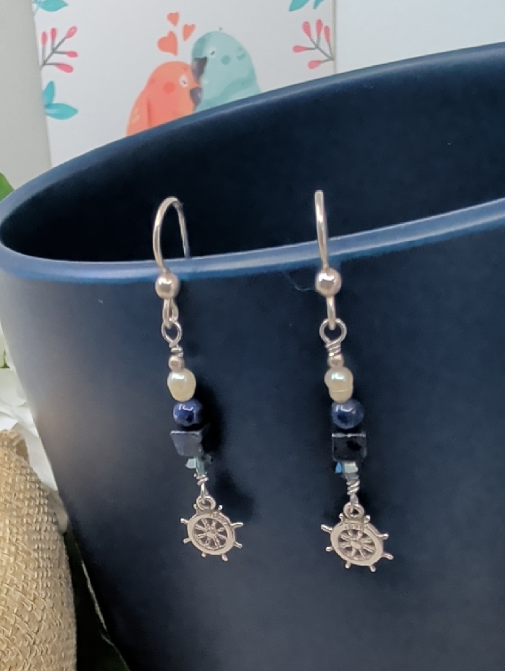 Sterling Silver Nautical Wheel Dangle Earrings with Navy and Pearl Beads - Picture 13 of 17